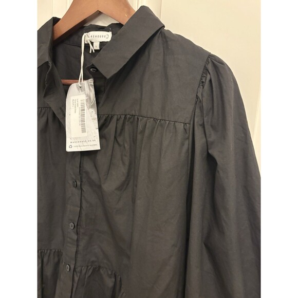 Warehouse Womens Tiered Smock Dress collared ballon Sleeve 100% cotton gothic L - Picture 7 of 10